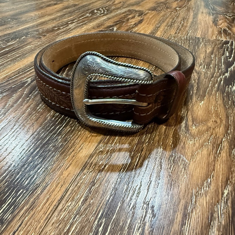 Justin Western Mens Belt Sheridan Leather Embossed Tooled‎ Brown C13635 Size 38"